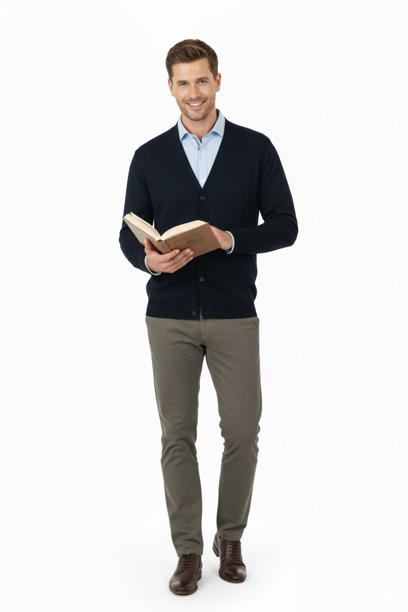 Erkek V Yakalı Düğmeli Cepli Klasik Model Rahat Kesim Tam Kalıp Yünlü Dokuma Hırka